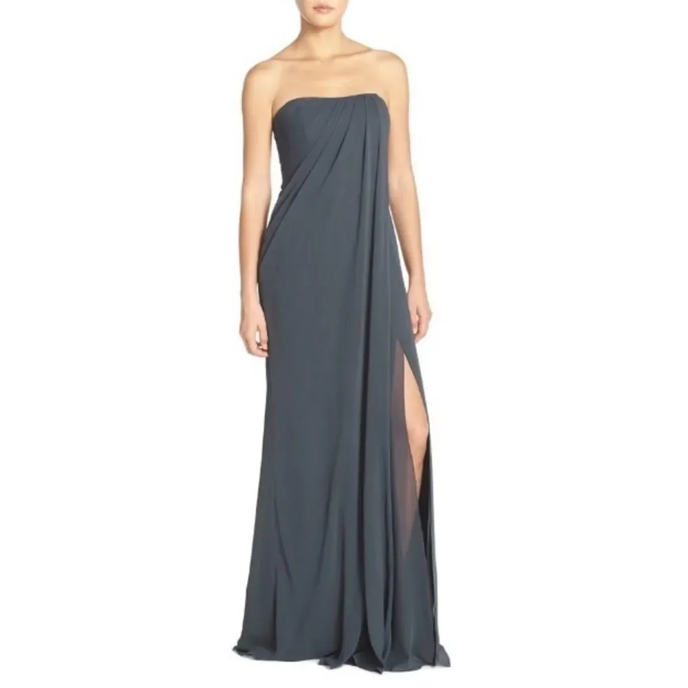 Jenny Yoo Raquel Strapless Chiffon Pleated Bridesmaid Gown Storm Gray Size 12
